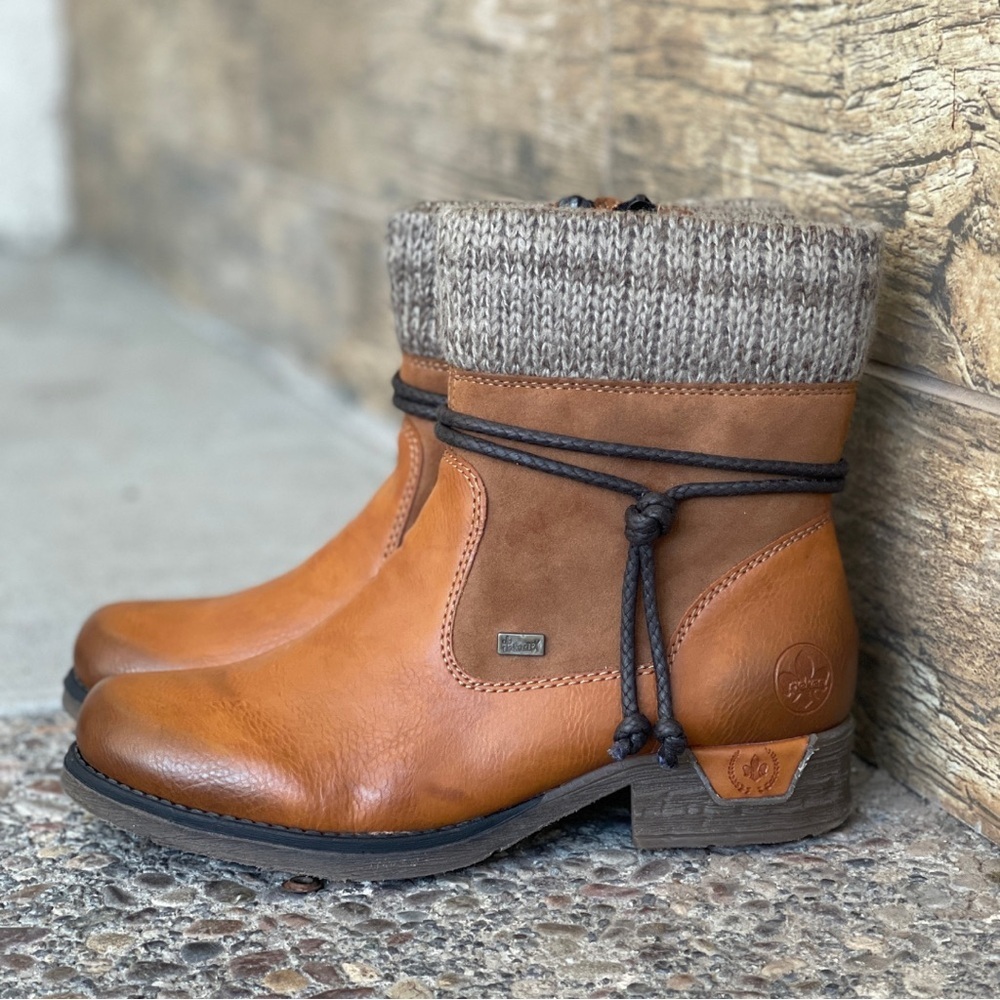 Rieker Tex Brown Water Resistant Lambswool Ankle Boots with Knit Cuff w box 40 9